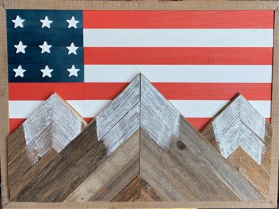 Image_Wood Art of American Flag and Snow Caped Mountains